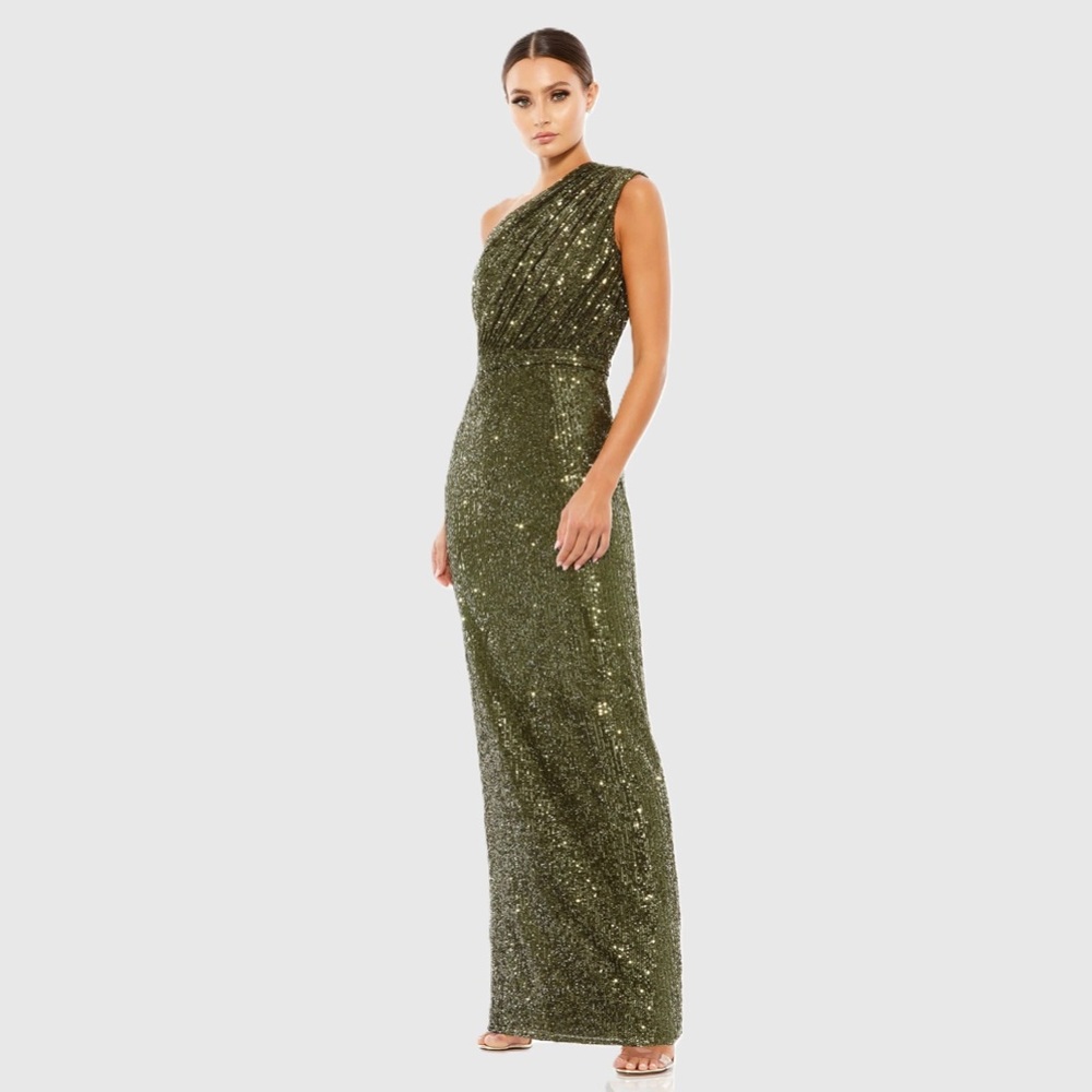 IEENA FOR MAC DUGGAL Dark Green Sequined Ruched One Shoulder Gown Size: 4 - Picture 1 of 5